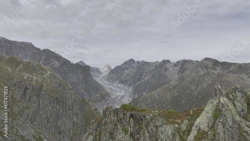View of Fieschergletscher, drone flight, Fiescheralp, Valais, Switzerland, Europe photo