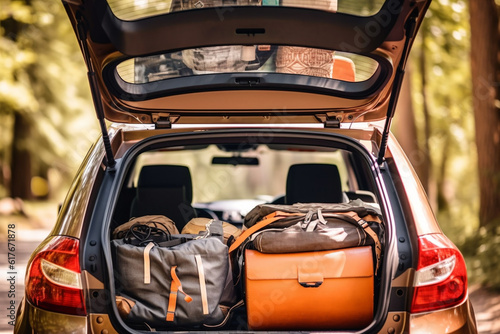 Moving to college. Packed belongings in the trunk of the car created with generative AI technology
