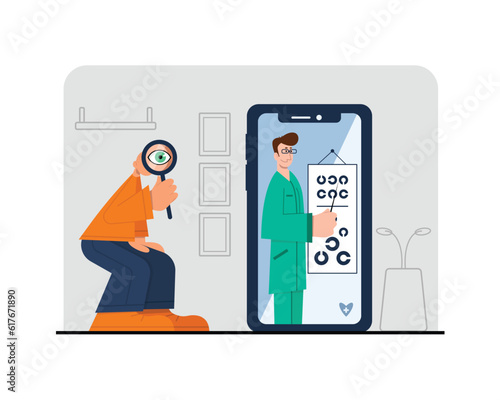 Male holding magnifying glass, looking at mobile phone with doctor. Contemporary digital healthcare services online. Internet treatment and checkup. Vector flat illustration in blue and orange colors