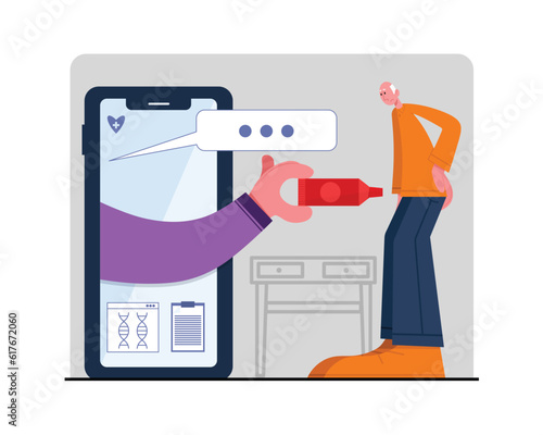 Senior man standing near mobile phone, chatting with doc online. Medical worker giving cream. Process of making treatment of patients online. Remote medical consultation via Internet. Vector