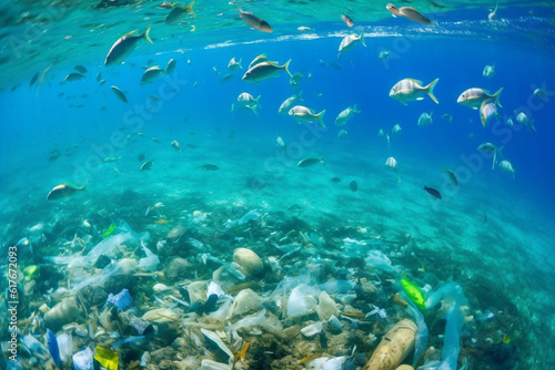 The ocean bottom littered with plastic and trash. Blue water with a swimming fish created with generative AI technology