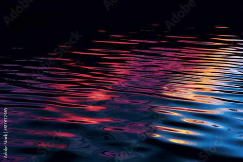 Beautiful view on the water in the neon light. At the flat surface of water gentle waves are visible created with generative AI technology