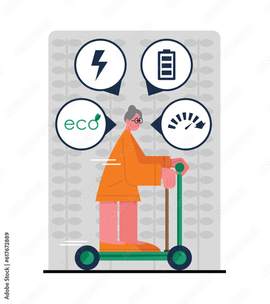 Senior woman riding electric scooter in city, using urban eco-friendly transport. Reducing world energy consumption. Contemporary vehicle rental services, company rating. Flat vector illustration Senior woman riding electric scooter in city, using urban eco-friendly transport. Reducing world energy consumption. Contemporary vehicle rental services, company rating. Flat vector illustration