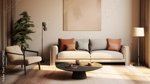 Stylish Living Room Interior with Mockup Frame Poster, Modern interior design, 3D render, 3D illustration © Roman P.