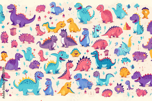 Motif sans couture avec dinosaure sur fond coloré. Illustration vectorielle pour impression sur tissu, carte postale, papier d'emballage, produits cadeaux, papier peint, vêtements. Fond de bébé mignon