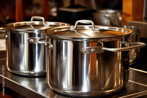Photo stainless pots in modern kitchen