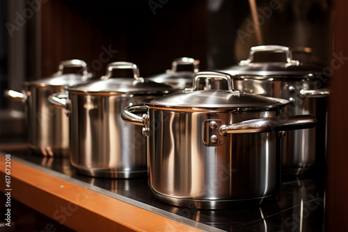 Photo stainless pots in modern kitchen