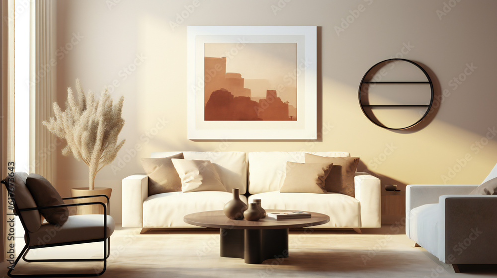 Fototapeta premium Stylish Living Room Interior with Mockup Frame Poster, Modern interior design, 3D render, 3D illustration