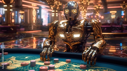 robotic Ai casino dealer at desk with casino chips stacks, Generative Ai