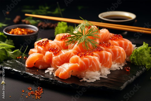 Photo tasty sushi sashimi set composition with shrimps ginger and soy sauce served with chopsticks and gre