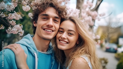 Happy young European couple in a blooming park. Portrait of smiling couple near beautiful spring flowers outdoors, lifestyle. Cheerful Caucasian couple hugging each other. AI Generated.