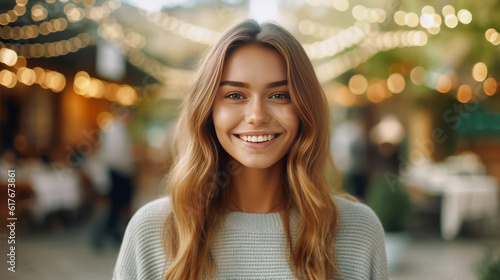 Closeup portrait of a beautiful happy young woman smiling and looking at camera. Portrait of a beautiful girl looking at camera in the street. Cheerful young woman with brown hair and healthy a smile