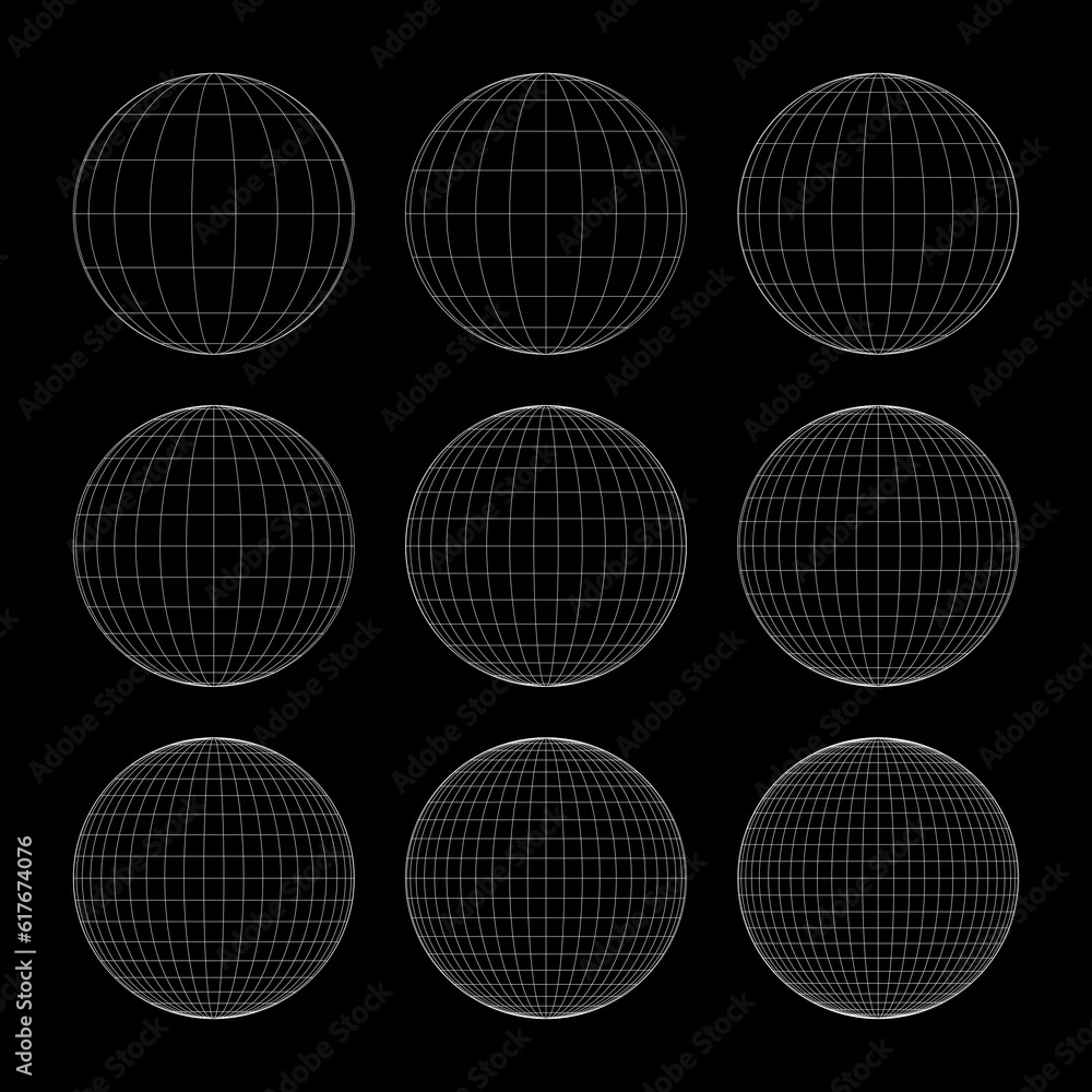 Globe grid spheres. Striped 3D spheres, geometry globe grid, earth