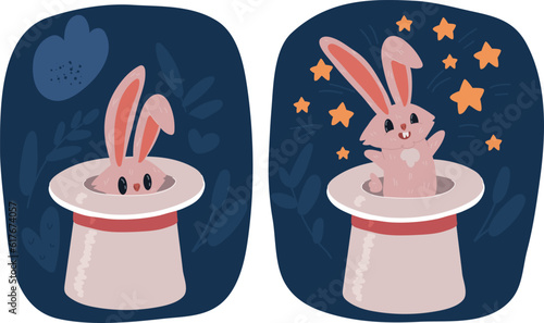 Vector rabbit ears appear from the magic hat and magic wand isolated on transparent background.