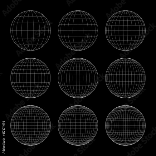 Globe grid spheres. Striped 3D spheres, geometry globe grid, earth latitude and longitude line grid vector symbol set. Spherical grid globe shapes. Illustration globe striped, global geography surface