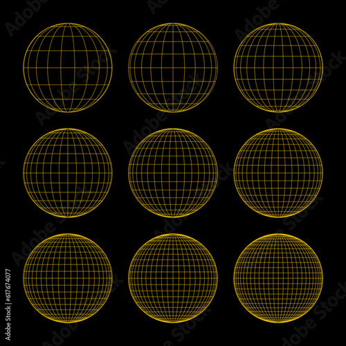 Globe grid spheres. Striped 3D spheres, geometry globe grid, earth latitude and longitude line grid vector symbol set. Spherical grid globe shapes. Illustration globe striped, global geography surface