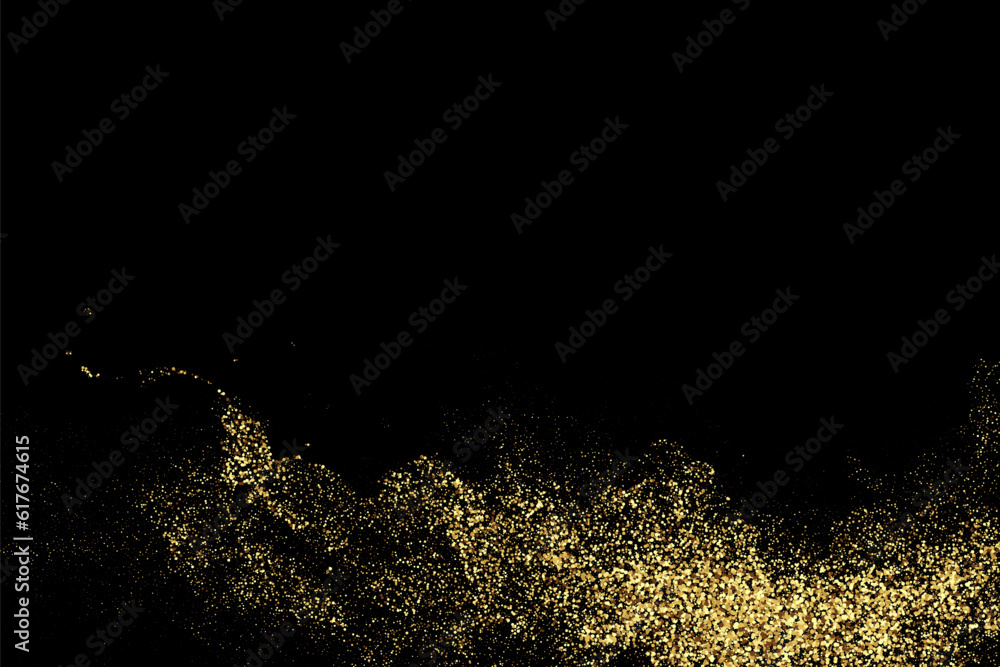 Golden sequins glisten with dust on a black background.