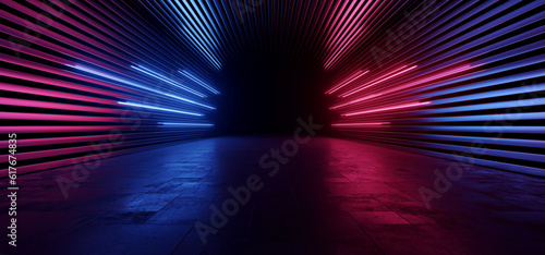 Fototapeta Naklejka Na Ścianę i Meble -  Futuristic Sci Fi Cyber Modern Neon Laser Blue Red Beams Lights Metal Stripe Glossy Barn Garage Parking Studio Showroom Tunnel Corridor Underground Concrete Warehouse Room 3D Rendering