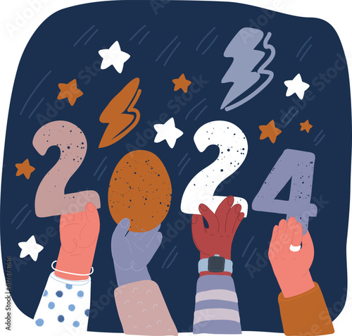 Cartoon vector illustration of People holding numbers 2024. Happy characters celebrating holiday. Group of friends congratulate New Year. Men and women rejoice winter festival.