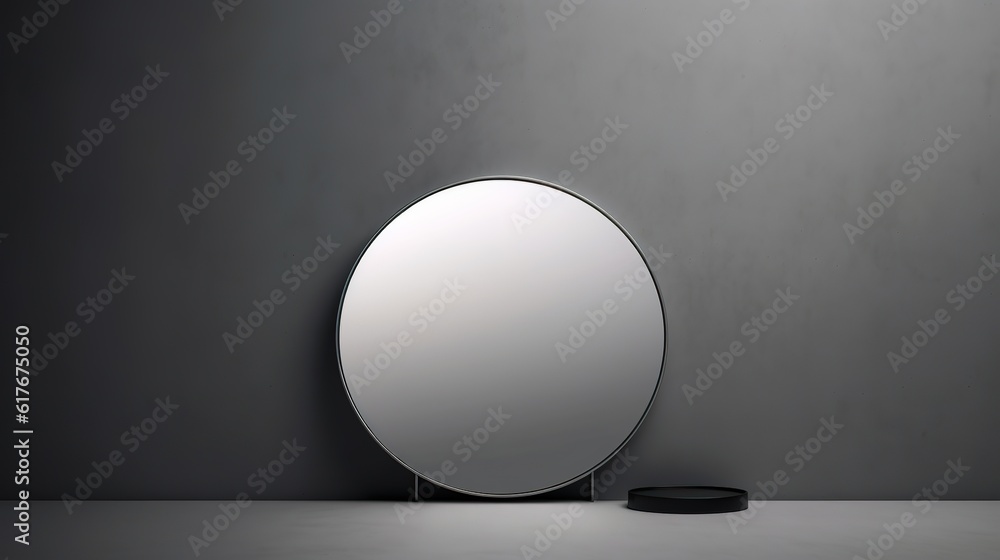 Round mirror on a room, trendy minimalistic background, horizontal, copy space generative ai Round mirror on a room, trendy minimalistic background, horizontal, copy space generative ai