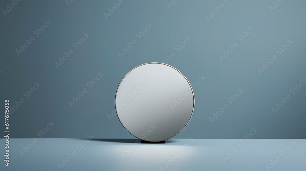 Round mirror on a room, trendy minimalistic background, horizontal, copy space generative ai Round mirror on a room, trendy minimalistic background, horizontal, copy space generative ai
