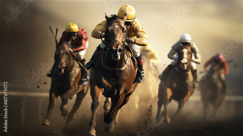 Billede på lærred Horse Racing close up Photo. Sports, Horse racers. Ai generative.