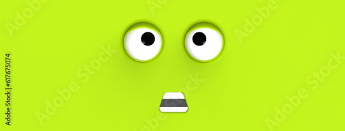 Green face of cute character. Cute face. stupid face. emotion surprise. Horizontal image. Surprised face. 3D image. 3D rendering. Banner for insertion into site.