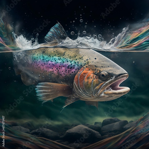 Digital Art ink HD Angry Powerful Studio Lighting Mist Electric trout rainbow trout water stream fly fishing perspective in the water 8k photorealistic stream rocks fishing line fly in the trouts 