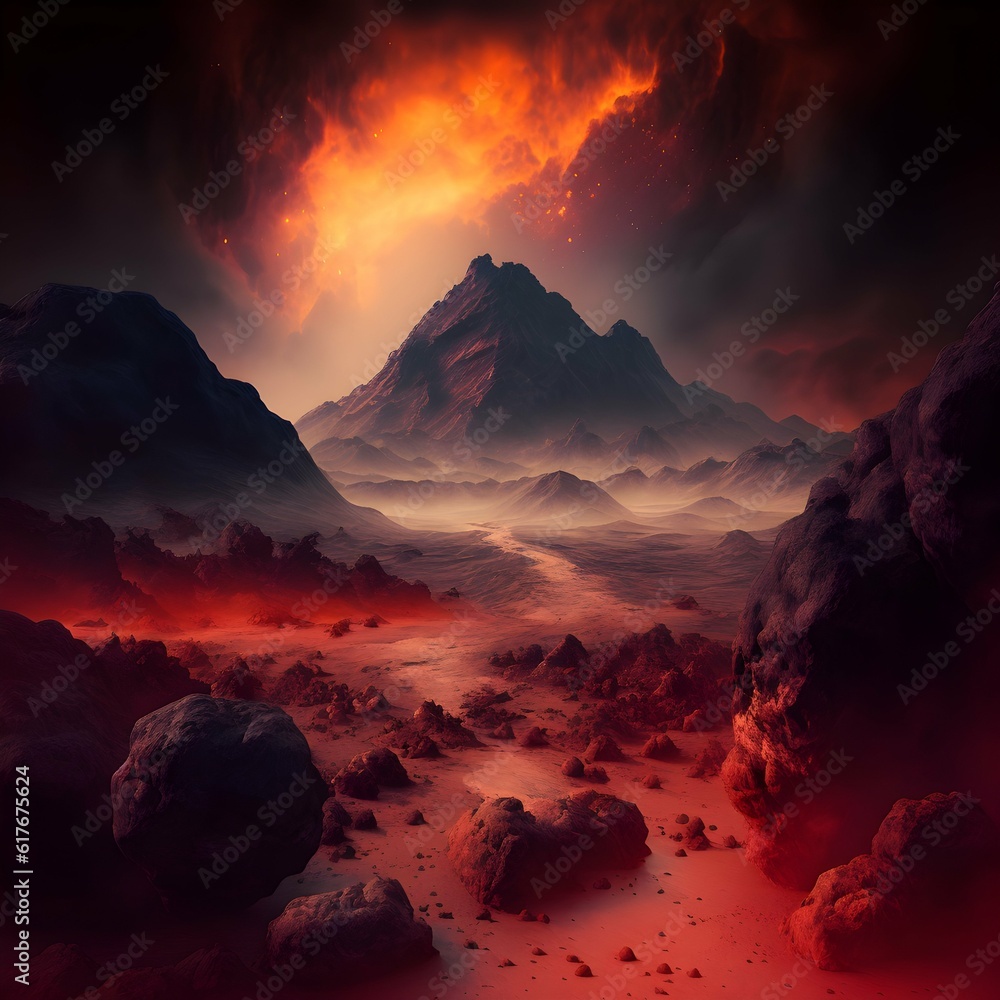 very hot rocky and dusty environment with distant mountains lava rivers red cloudy sky red foggy no plants top view 