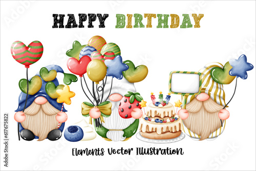 Gnomes Happy Birthday Cake strawberry blueberry Balloons and Bow Element Colorful Watercolor Vector File ,Clipart Cute cartoon style For banner, poster, card, t shirt, sticker