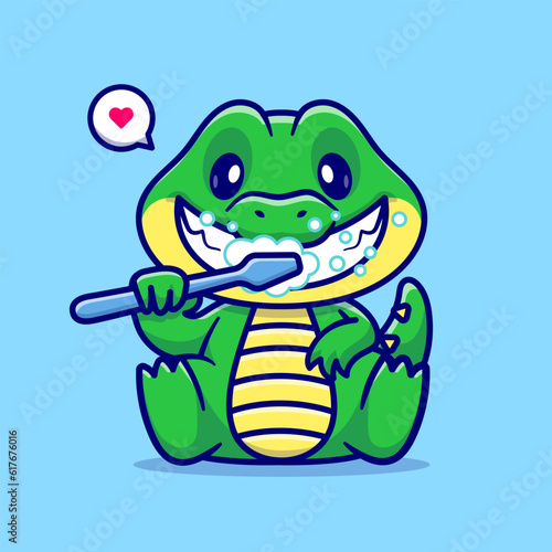 Cute Crocodile Brushing Teeth Cartoon Vector Icon Illustration. Animal Healthy Icon Concept Isolated Premium Vector. Flat Cartoon Style