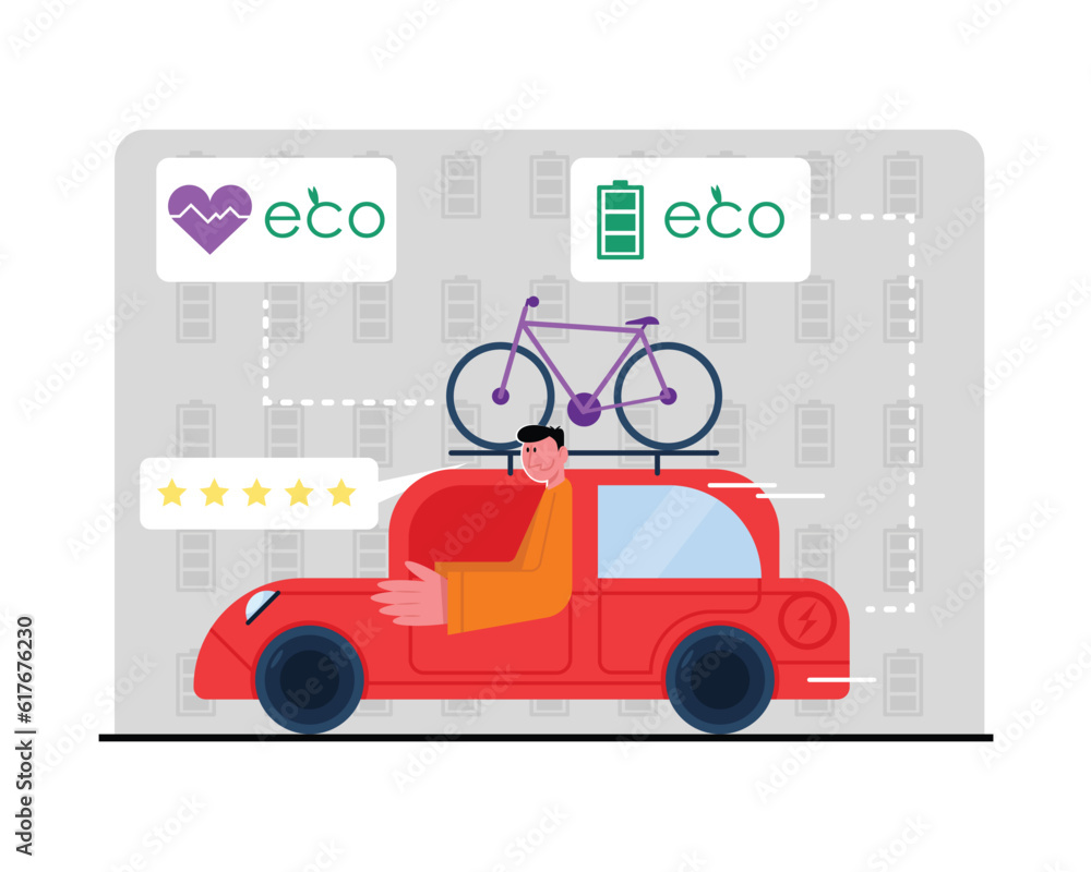 Man traveling by electric car to destination, using car rental service. Reducing world energy consumption. Contemporary vehicle rental services. Flat vector illustration in red and gray colors Man traveling by electric car to destination, using car rental service. Reducing world energy consumption. Contemporary vehicle rental services. Flat vector illustration in red and gray colors