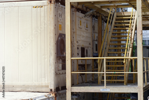 Container office isolated on white background, two-storey prefab container ladder step