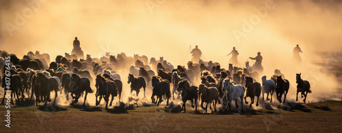 Large herd of horses running across a meadow in the countryside.