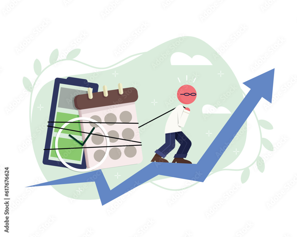 Colored cartoon character showing good productivity performance. Process of managing schedule. People improving productivity and efficiency when working. Vector flat illustration