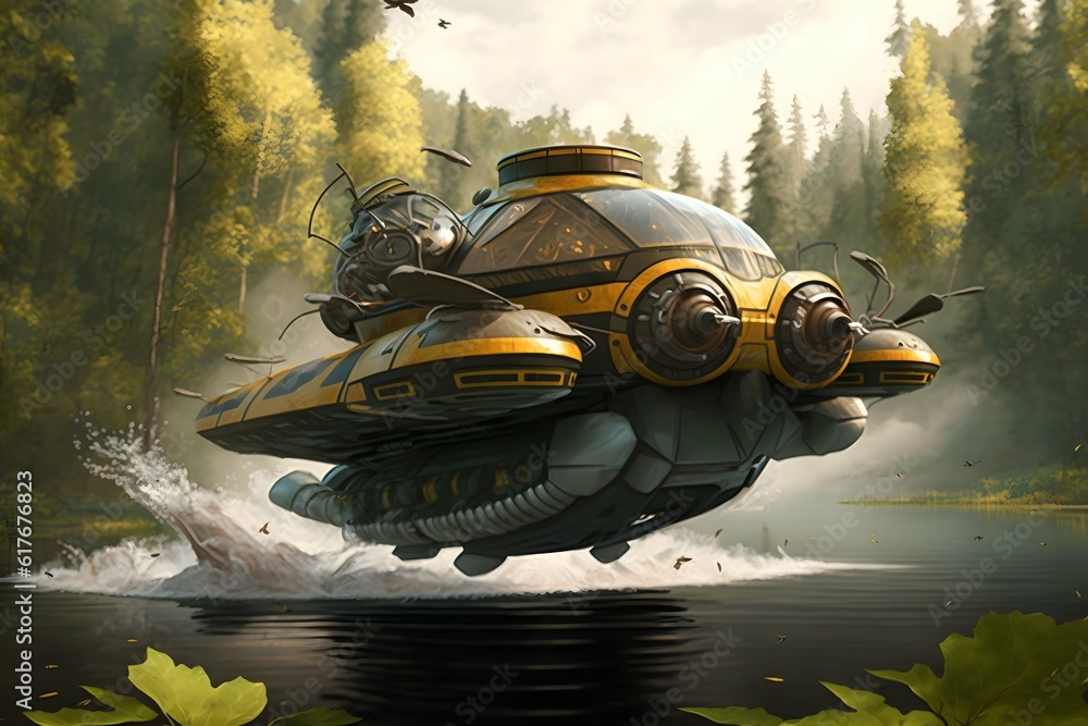 bee flying an enourmas hovercraft over water with forest at shoreline ...