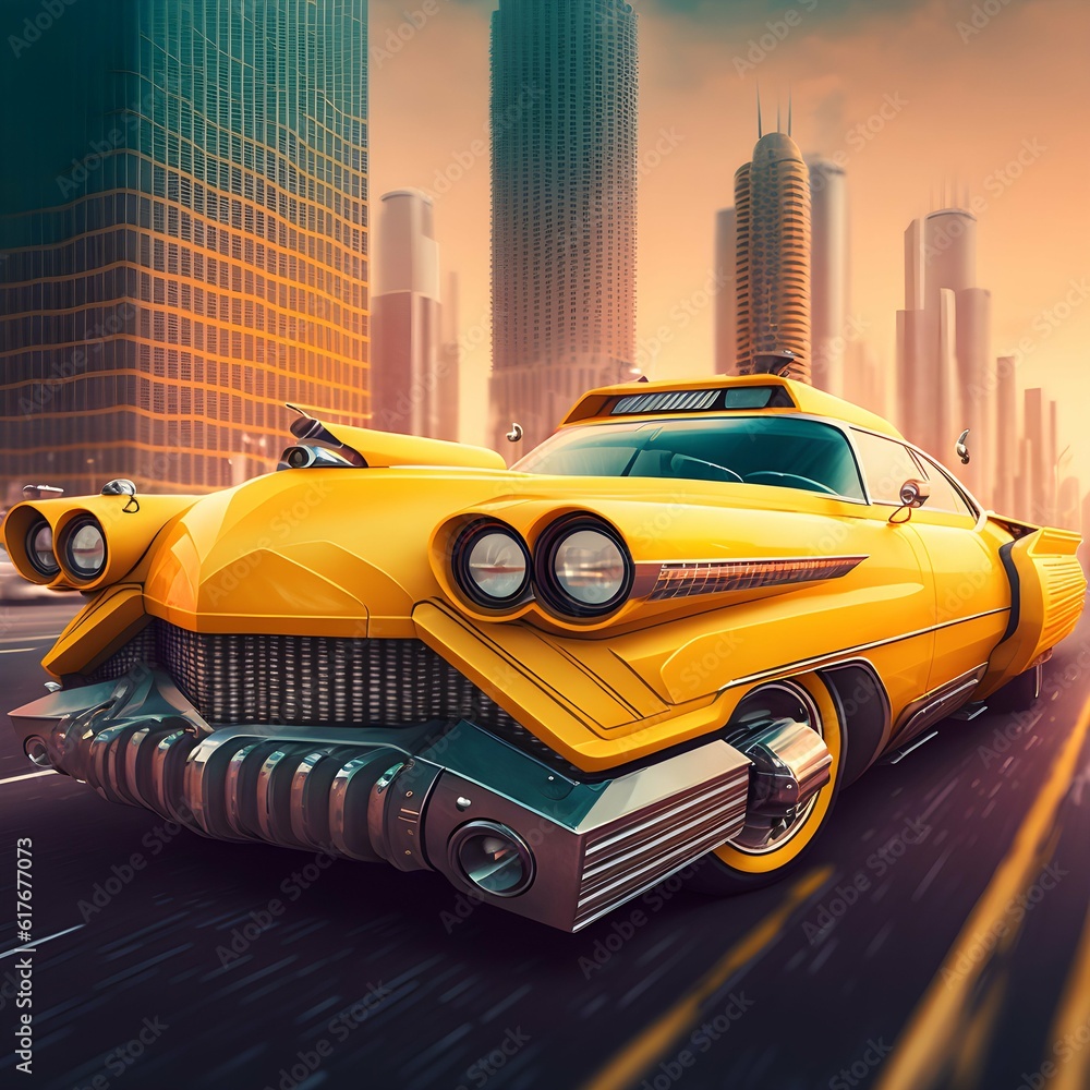 bright yellow Cadillac driving down road in futuristic city 