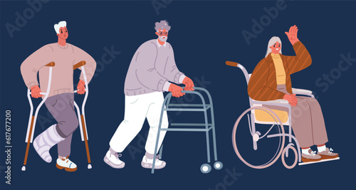 Cartoon vector illustration of people with disability, therapy, reabilitation. Man on crunch, woman in wheelchcair, Oldman elderly man using walking frame
