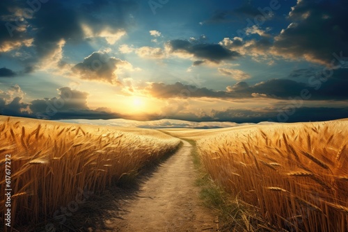 Nature's Wonder Path of Gold Dirt Path Leading to Wheat Field with Spectacular Backdrop and Dreamlike Composition, Beneath Impressive Skies Background created with Generative AI Technology