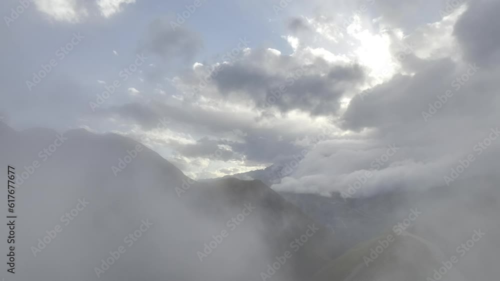 Clouds of fog on the Furka Pass, drone image, Uri, Valais, Switzerland, Europe Clouds of fog on the Furka Pass, drone image, Uri, Valais, Switzerland, Europe