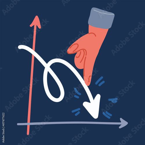 Cartoon vector illustration of finger reduce the indicate. Graph of production volumes are decreasing of prices