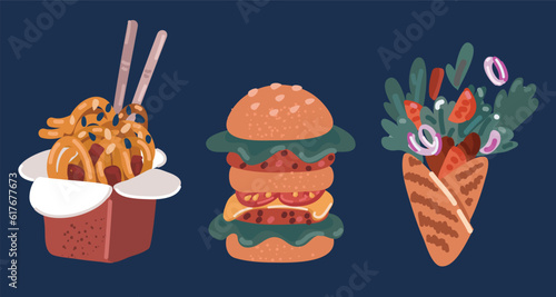 Cartoon vector illustration of Fast food collection. Food set for restaurant or diner menu. Noodle, burger, Shaurma
