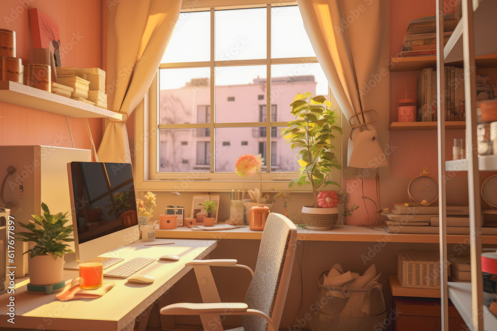 a close-up shot of a home office with a sweet and cute color