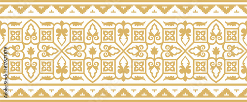 Vector golden seamless Byzantine border, frame. Endless Greek pattern, Drawing of the Eastern Roman Empire. Decoration of the Russian Orthodox Church..