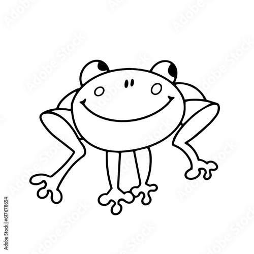 Cute funny frog for design. Drawing cartoon animal character for kids worksheet, book, game, poster. Vector illustration. Black outline drawing on white background.  
