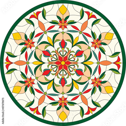 Vector color template of round stained glass window. Floral ornament for a ceiling or a multi-colored glass window.