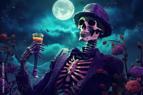 chilling skeleton in a suit enjoys a cocktail, festive halloween art