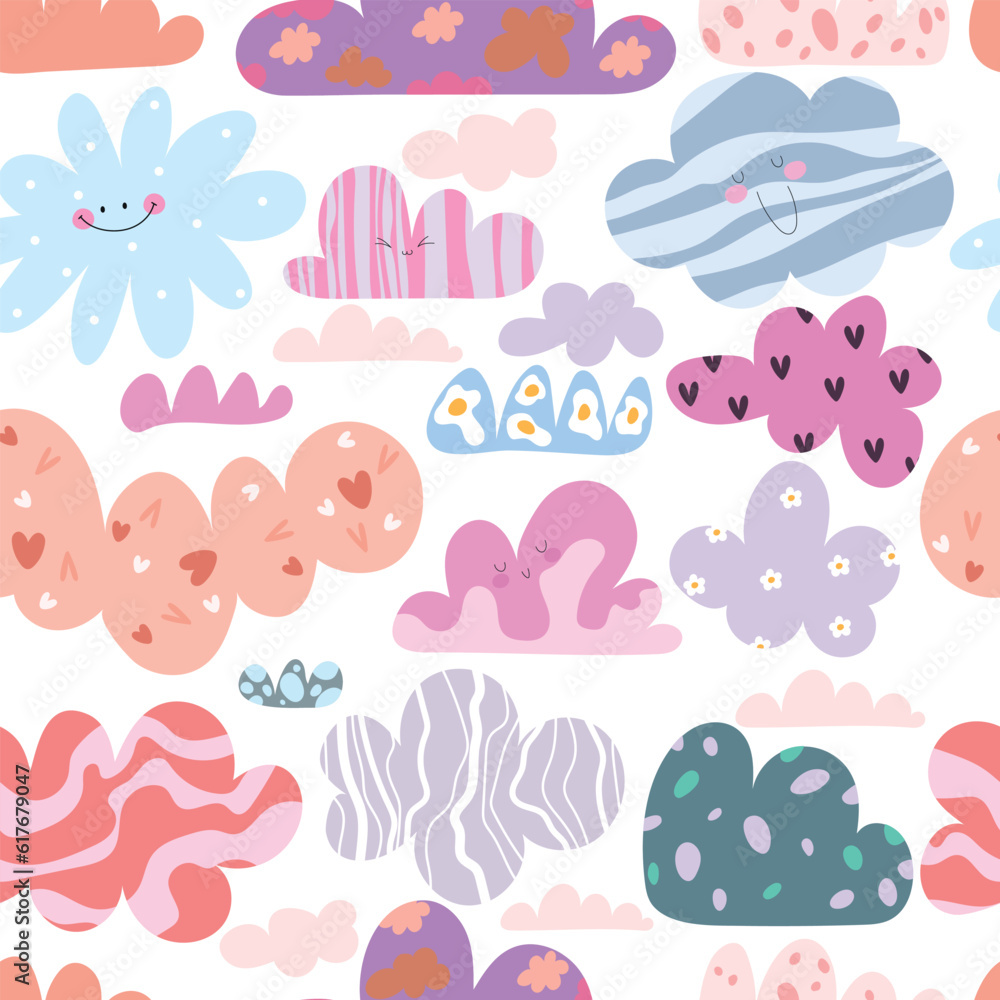 Seamless pattern, cute clouds with hearts, spots, face, line, dots on white background. Vector illustration. 