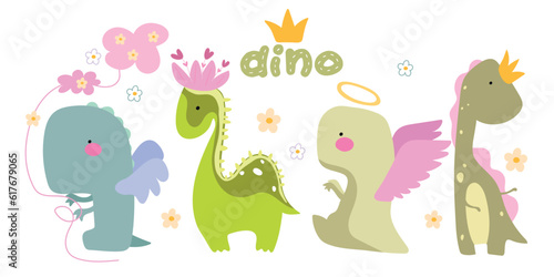 Set of dino with crown  nimbus  flowers  clouds on white background. Cute kids illustration.