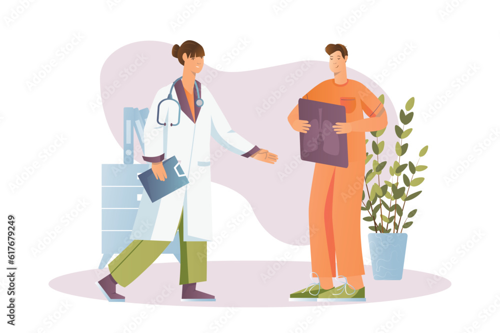 Medical clinic concept with people scene in the flat cartoon design. Colleagues doctors consult about the patient's diagnosis. Vector illustration.